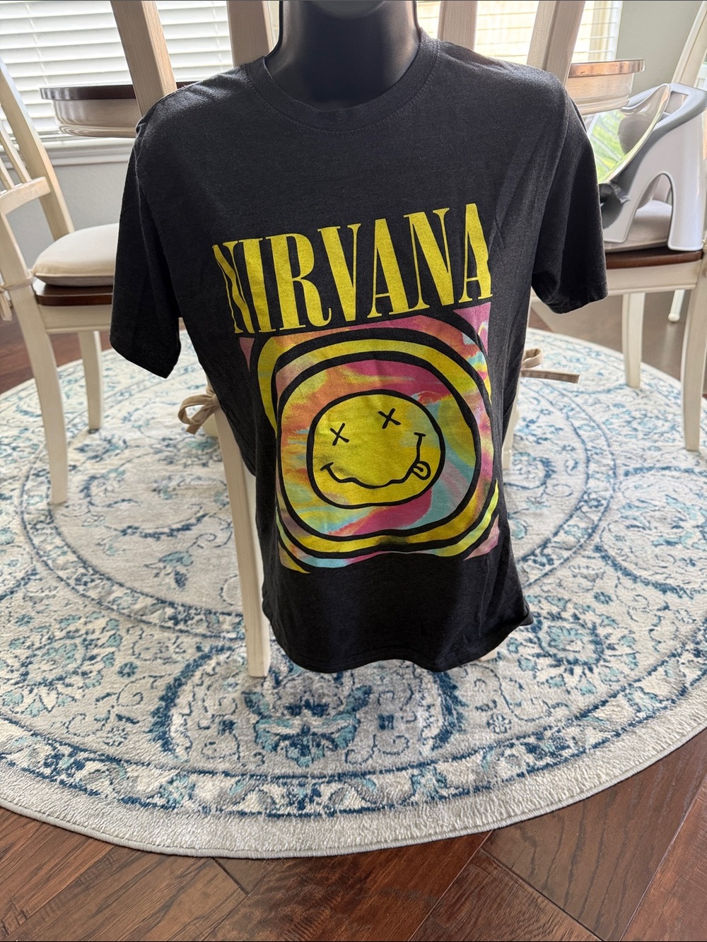 NIRVANA Black Tee with Yellow Smiley and Multicolor Tie-Dye Graphic